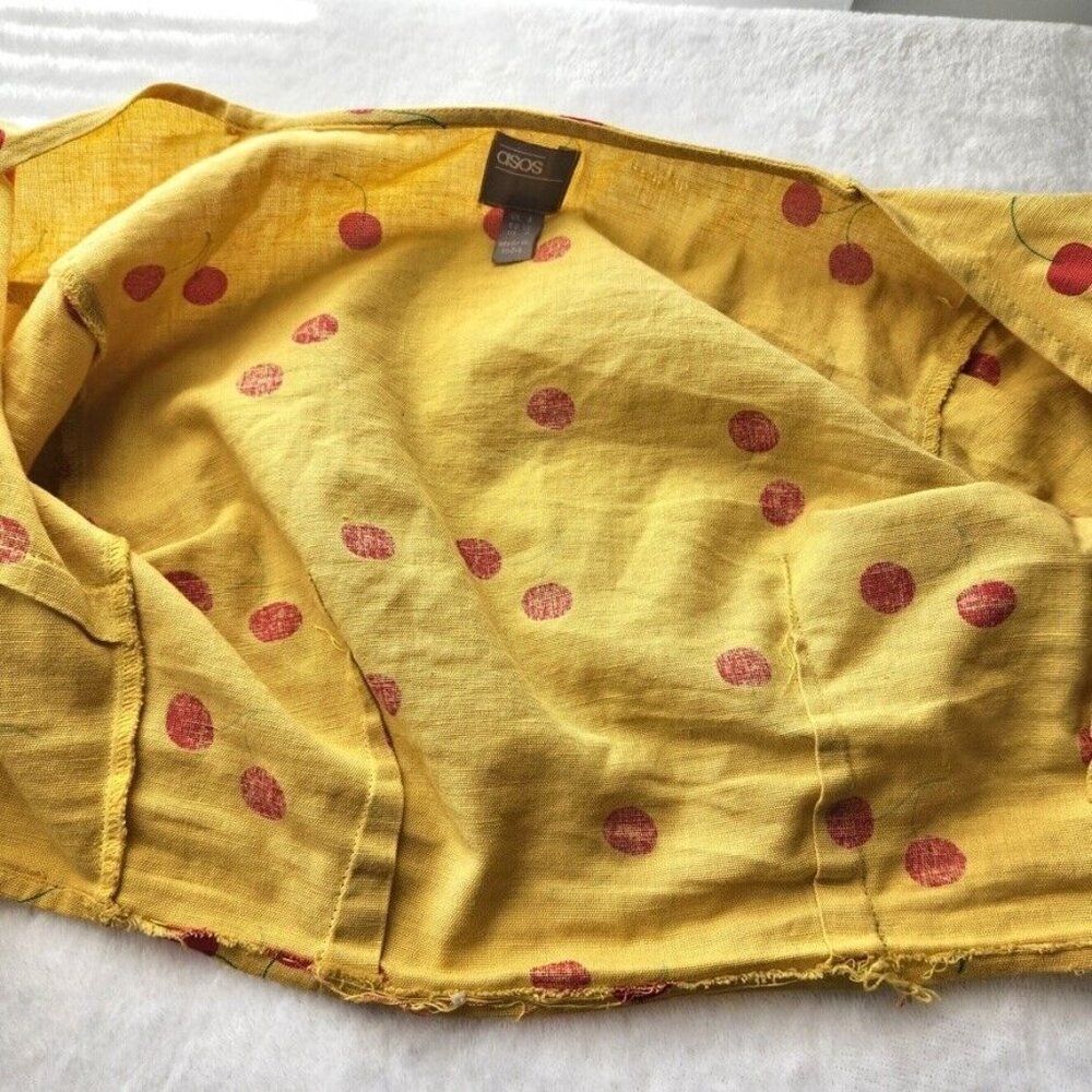 ASOS Cherry Linen Two Piece Set Size 0 Yellow Red Crop Top Shorts Ruffle Boho - Picture 13 of 16